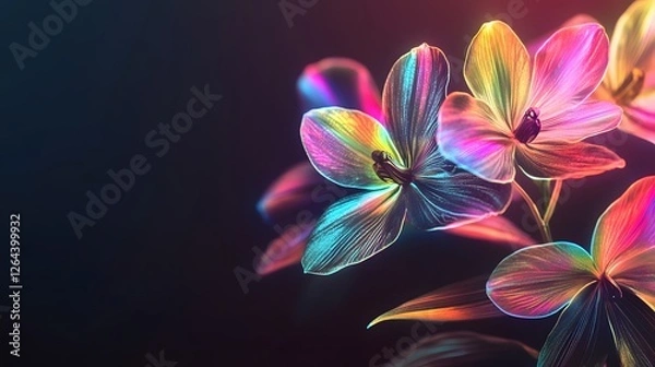 Fototapeta Delicate Holographic Orchids with Soft Rainbow Reflections on Minimalistic Background