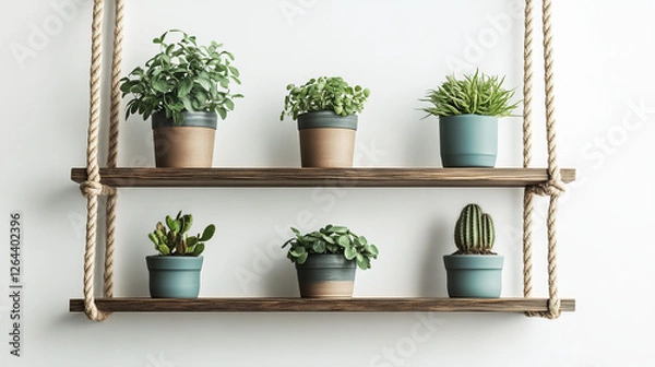 Fototapeta Wooden shelves hanging on ropes with plants in ceramics pots. Front racks on white wall background. Interior design element for room decoration, home ledges furniture, Realistic 3d vector illustration