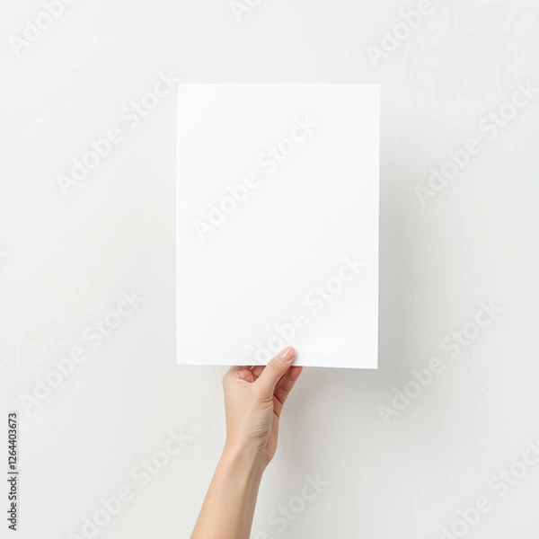 Fototapeta A hand holding up a white blank sheet of paper on a white background 