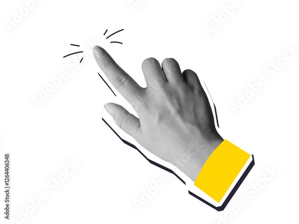 Fototapeta Black and white hand gesture point to, click or tap - cut out element for collage. Modern photo collage style. Illustration on transparent background