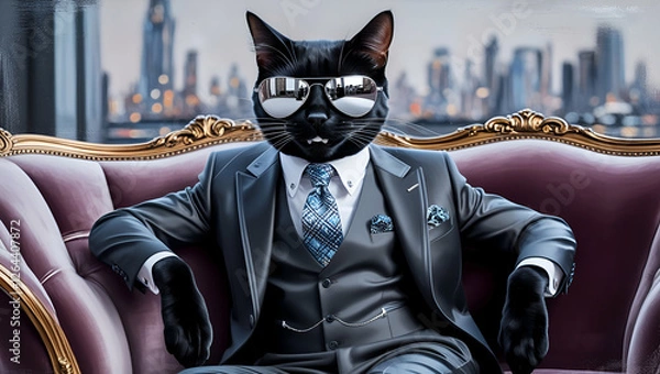 Fototapeta A cat wearing sunglasses and a suit with a tie. Generative AI image. 
