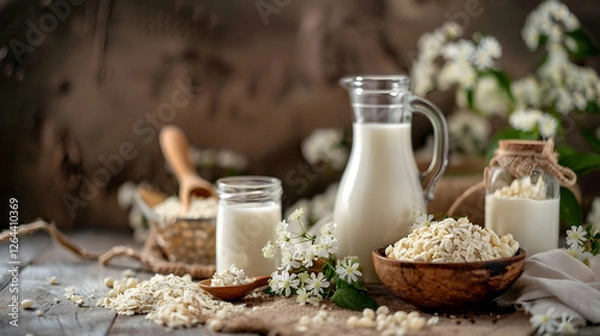 Obraz Fresh milk and dairy products displayed artistically with flowers and rustic elements