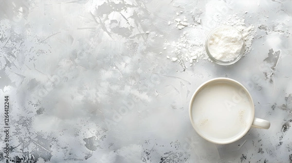 Obraz A serene kitchen scene featuring a cup of milk and a bowl of flour on a textured surface, ideal for cooking themes