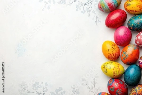Fototapeta Vibrant Easter eggs on the right, ample text space on left, floral elements.