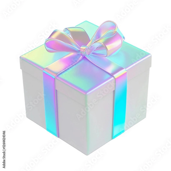 Obraz Iridescent Ribbon on White Gift Box, Stylish 3D Rendered Present Icon, Cutout Isolated on White Background.