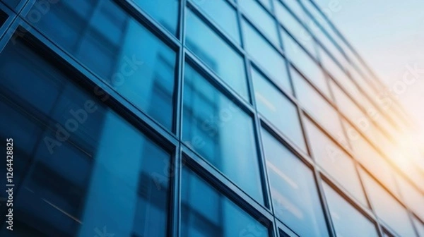 Fototapeta Modern glass building reflecting sunlight in urban setting