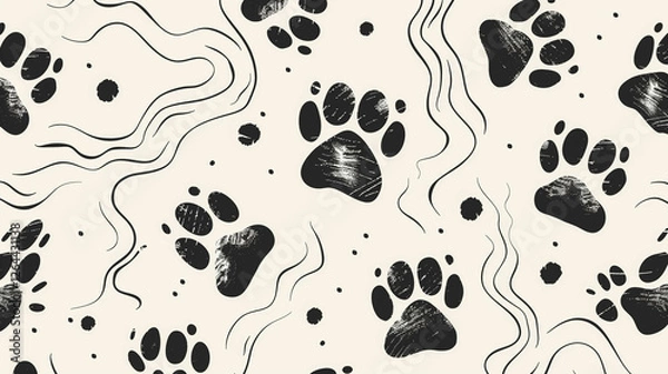 Obraz Monochrome Paw Print Pattern with Artistic Hand-Drawn Details