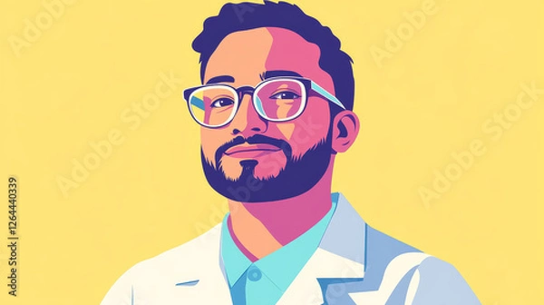 Fototapeta Telehealth cartoon banner, distance online medicine application for mobile phone. Man doctor in white medical robe waving hand on smartphone screen with tablet bottles and syringe, vector illustration