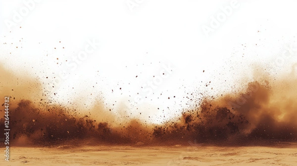 Fototapeta Dust clouds set isolated on transparent background. Vector realistic illustration of desert sand storm effect, brown dirt particles flying in wind, mud explosion, dirty powder spray, air pollution