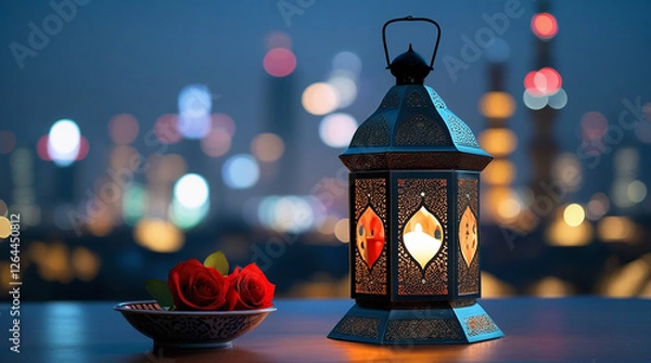 Obraz Beautiful Islamic Lantern with Candle Light and Red Roses Against a Blurred Cityscape – Romantic Ramadan and Eid Atmosphere, Middle Eastern Spiritual and Festive Night Aesthetic