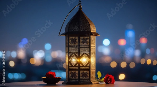 Obraz Beautiful Islamic Lantern with Candle Light and Red Roses Against a Blurred Cityscape – Romantic Ramadan and Eid Atmosphere, Middle Eastern Spiritual and Festive Night Aesthetic