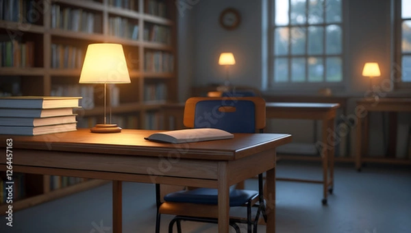 Fototapeta Neat Wooden School Desk with Soft Ambient Lighting for a Calm and Productive Study Environment