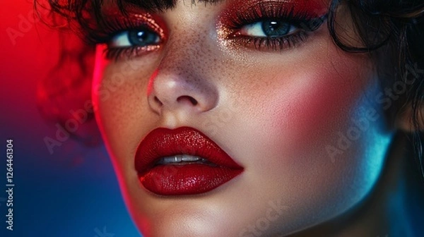 Fototapeta Closeup Portrait of a Woman with Red Lipstick and Freckles