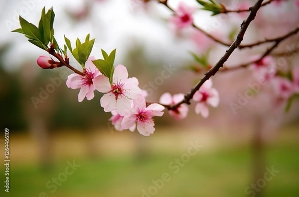 Fototapeta Delicate Pink Cherry Blossoms Blooming on Branches Against Soft Green Background
