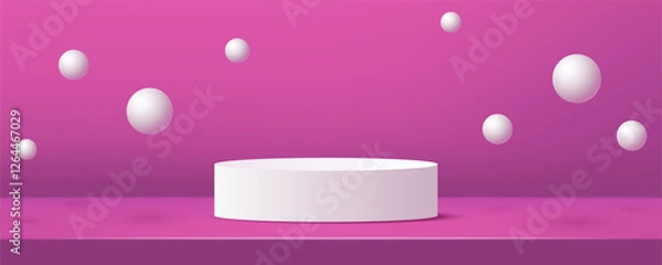 Fototapeta Minimal scene design with pink wall and floor, white 3d balls and podium. Platforms mockup product display presentation.