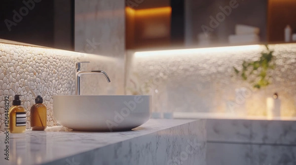 Obraz White marble countertop and tile wall. Empty bathroom shelf, kitchen table top with stone texture and mosaic backsplash on backdrop, vector realistic illustration