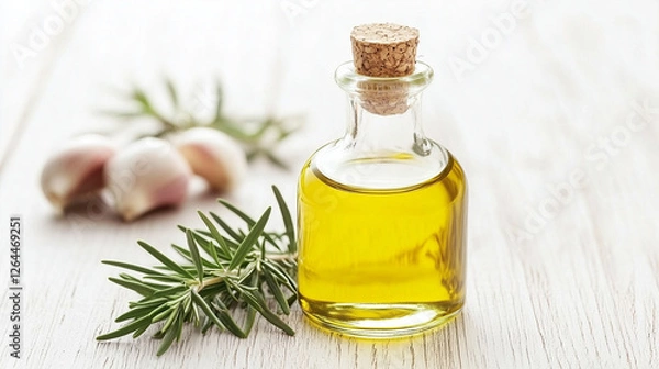 Fototapeta Rosemary Garlic Infused Olive Oil: A small bottle of golden olive oil sits on a wooden surface, adorned with fresh rosemary sprigs and garlic cloves, promising culinary delight.