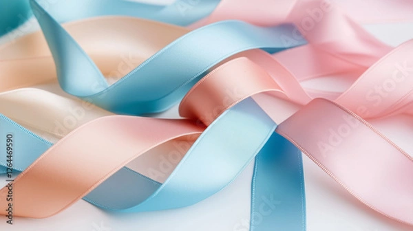 Fototapeta Pastel Ribbon Abstract: A delicate and elegant abstract composition featuring soft pastel ribbons in shades of pink, blue, and cream. The ribbons are arranged in a flowing and graceful pattern.
