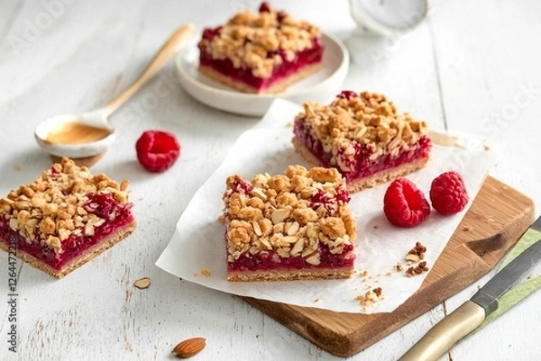 Fototapeta Almond oats and raspberry jam bars with crumble topping