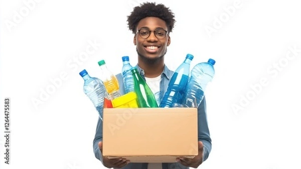 Fototapeta Smiling young man carrying box of plastic bottles for recycling  
