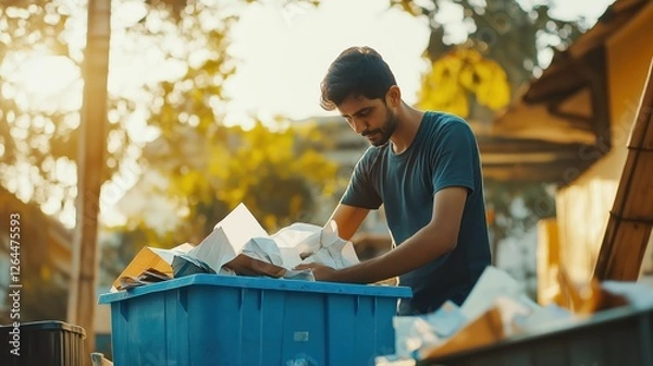 Fototapeta Young man sorting recyclable paper in outdoor bin  
