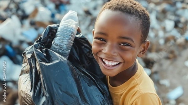 Fototapeta Smiling child collecting plastic waste for recycling  
