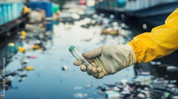 Fototapeta Volunteer in glove picking plastic bottle from polluted water  
