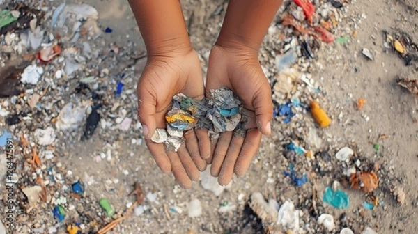Fototapeta Hands holding microplastic waste collected from polluted beach  
