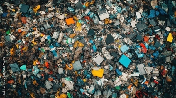 Fototapeta Pile of mixed waste and plastic pollution at landfill  
