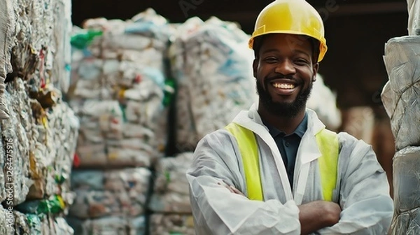 Fototapeta Smiling recycling worker standing at waste facility  
