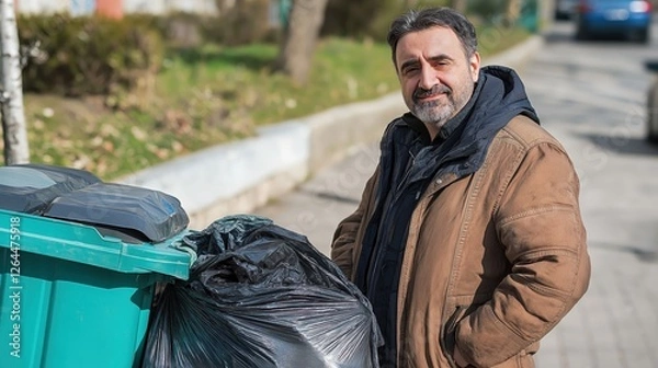 Fototapeta Man picking up trash on the street for cleanup  
