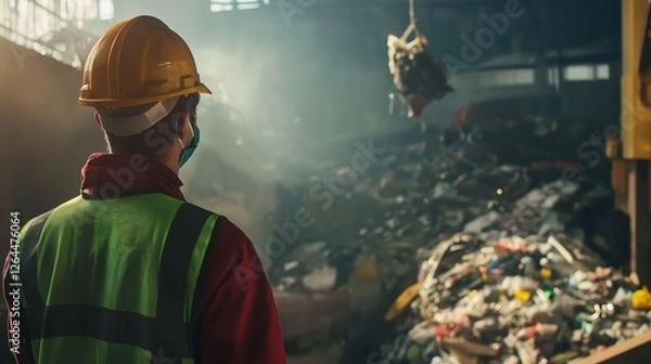 Fototapeta Worker overseeing waste processing at landfill site  

