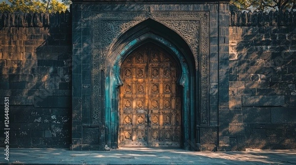 Fototapeta Ornate wooden door set in a stone wall, illuminated by soft sunlight, surrounded by greenery