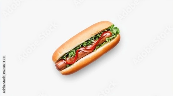 Fototapeta Delicious hot dog with fresh lettuce and ketchup on a clean white background