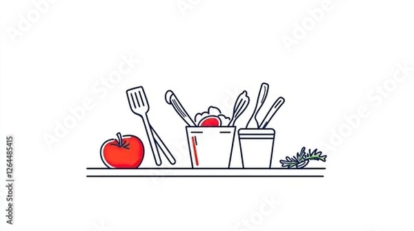 Fototapeta A colorful illustration of kitchen utensils and fresh ingredients arranged on a countertop