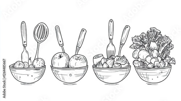 Fototapeta Collection of illustrated bowls with various fruits and vegetables, showcasing healthy eating