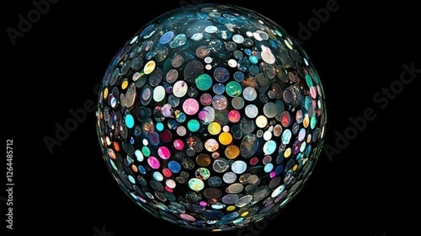 Fototapeta Colorful spherical composition of various circular patterns against a black background