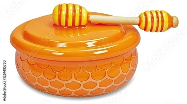Fototapeta Brightly colored honey jar with a honey dipper, showcasing a vibrant design and texture