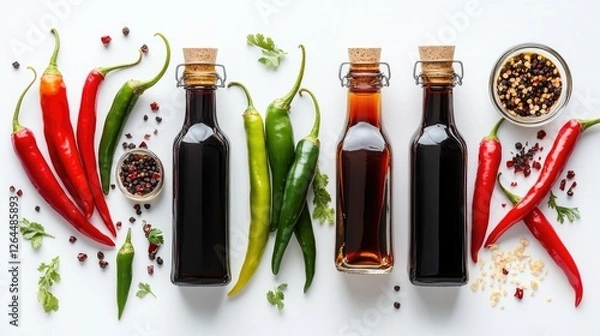 Fototapeta A flat lay of fresh red and green chilies alongside bottles of soy sauce, fish sauce, and vinegar, representing common ingredients in Southeast Asian cuisine.