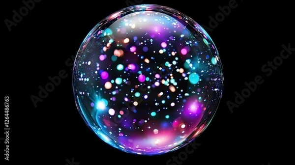 Obraz Colorful abstract bubble with vibrant particles floating in a dark background, creating a magical effect