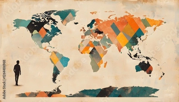 Obraz Vintage world map with colorful geometric pattern and figure