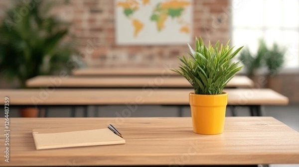 Fototapeta A bright, modern workspace featuring a potted plant, notebook, and pen on a wooden table