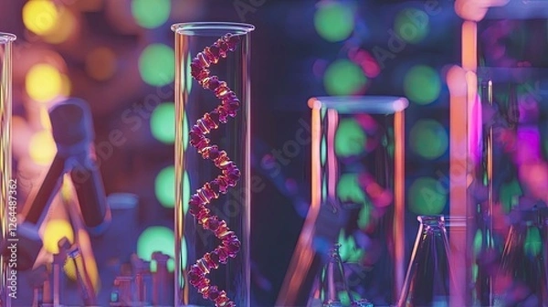 Fototapeta Colorful laboratory scene with glass test tubes and a DNA helix against a blurred bokeh background