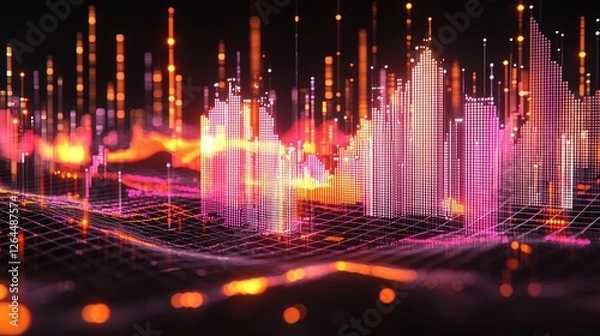 Fototapeta Abstract visualization of vibrant sound waves with glowing peaks and a dark background