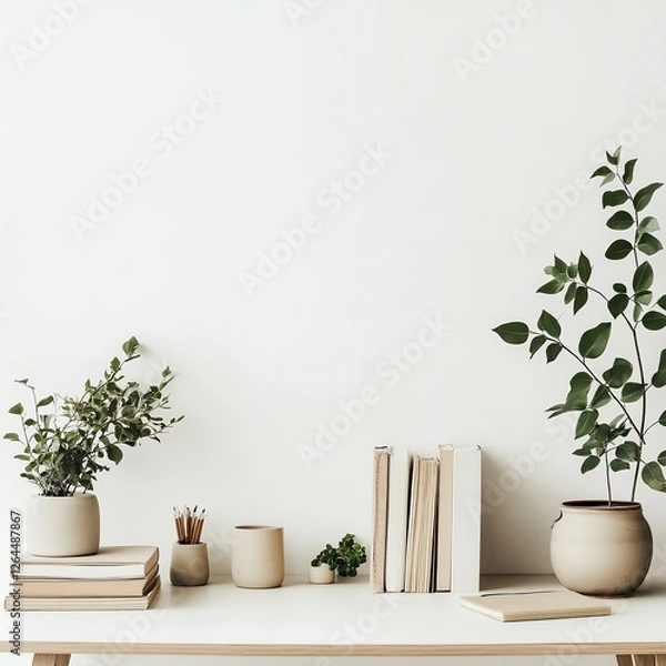 Obraz Minimalist Home Office Desk Setup Neutral Colors Plants Books Workspace Aesthetic Simple Design Modern Interior Cozy Atmosphere Calm Workspace Elegant