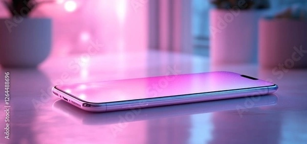 Obraz Pink Smartphone on Reflective Surface with Soft Lighting