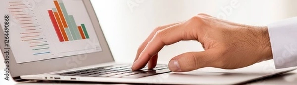 Fototapeta Expert Business Consulting for Professional Strategy and Corporate Analysis, A hand using a laptop displaying colorful charts and graphs for data analysis.
