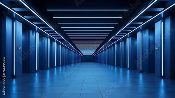 Fototapeta Long Blue Neon Lit Tunnel with Modern Architecture