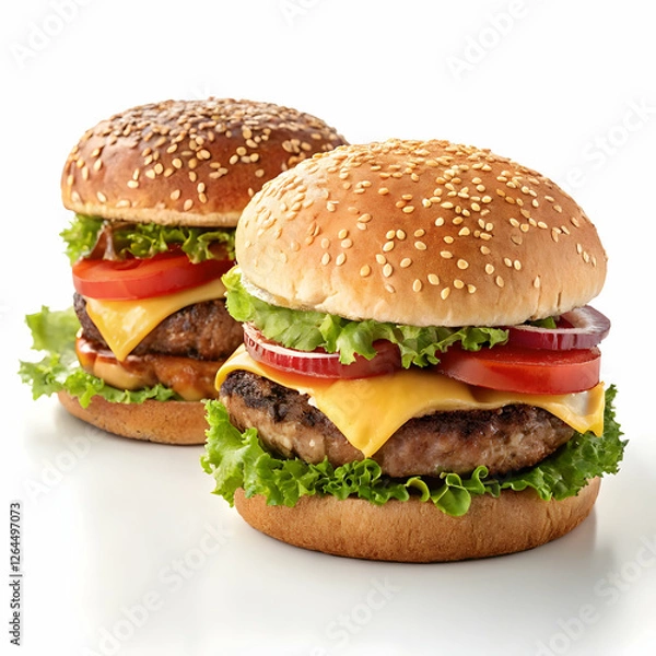 Fototapeta delicious duo of two big hamburgers isolated on a clean white background