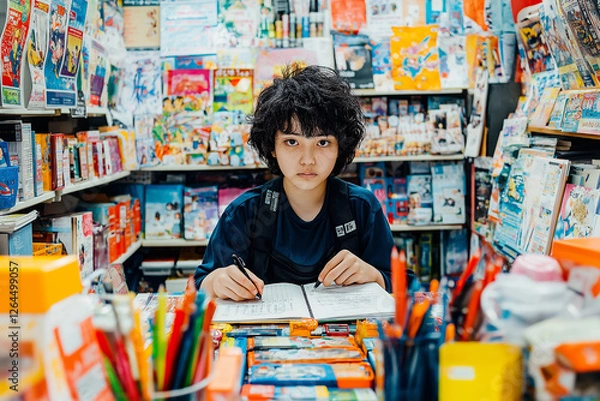 Obraz Youthful Focus Amidst a Kaleidoscope of Books